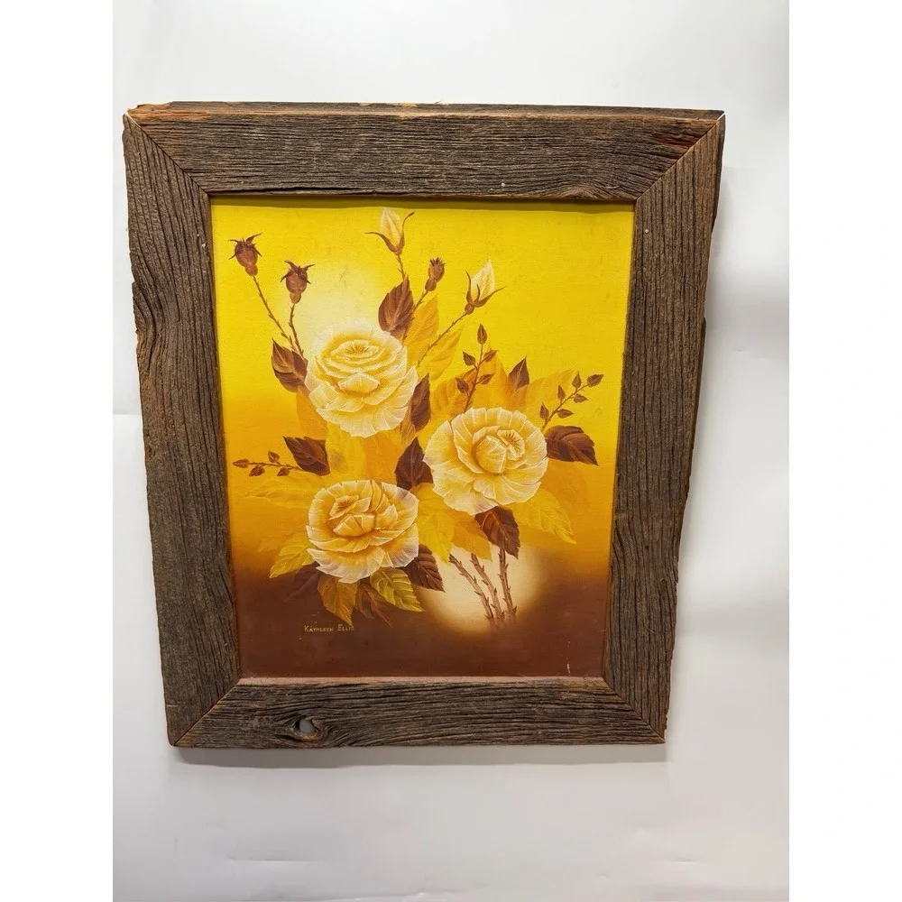 MCM Yellow Roses Oil Painting Carved Wood Frame Aged Vintage Sweet